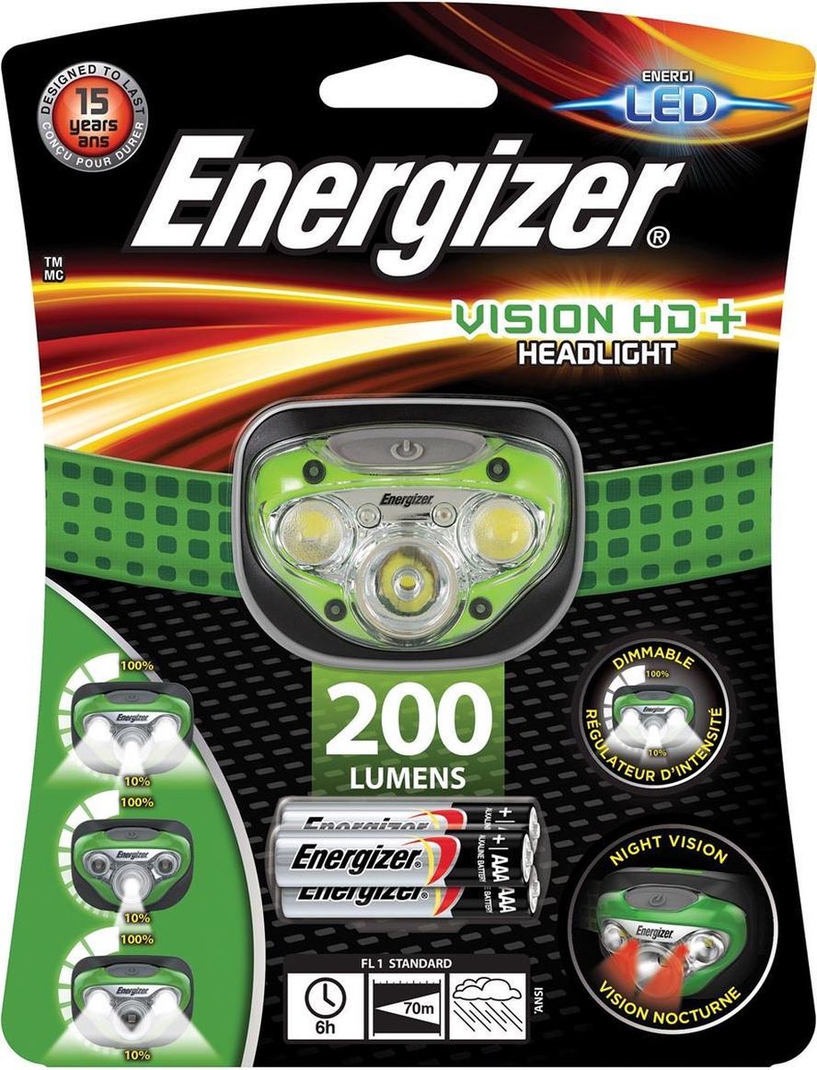 2x Energizer hoofdlamp Vision HD+, inclusief 3 AAA batterijen, op blister