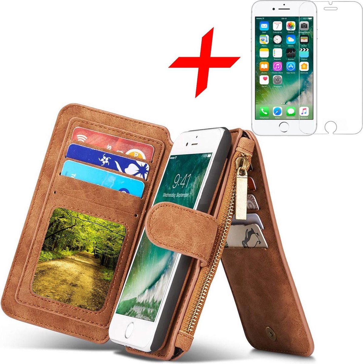 Hoesje geschikt voor Apple iPhone 7 / 8 Hoesje Portemonnee Luxe Kunstlederen Wallet Case met Afneembare Back Cover Bruin + Screenprotector Gehard Glas van iCall