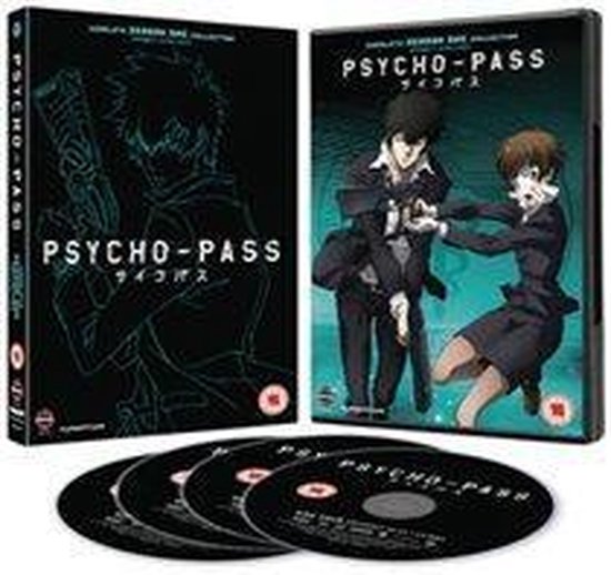 Psycho-Pass Complete Season One Collection DVD boxset met 3 discs. Shogo Muto en Akane Tsunemori staan samen, wapens in handen.