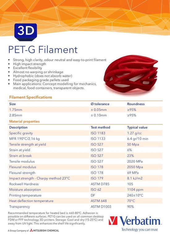 FILAMENT POUR IMPRIMANTE 3D Verbatim PET-G 2.85M