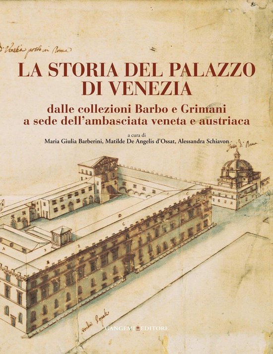 Boek 'LA STORIA DEL PALAZZO DI VENEZIA', met een tekening van het Palazzo di Venezia.