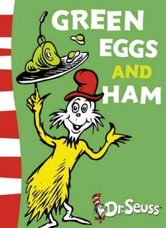 Groene eieren en ham. Een groene man met een rode hoed balanceert een bord met groene eieren en ham op zijn vinger.