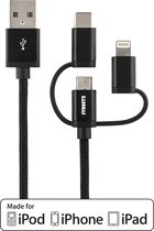 STREETZ IPLH-584 3-in-1 stoffen kabel USB 2.0 naar Micro-USB, Lightning & USB-C Kabel, 2.4A,. 12W, MFI, 1 meter Zwart