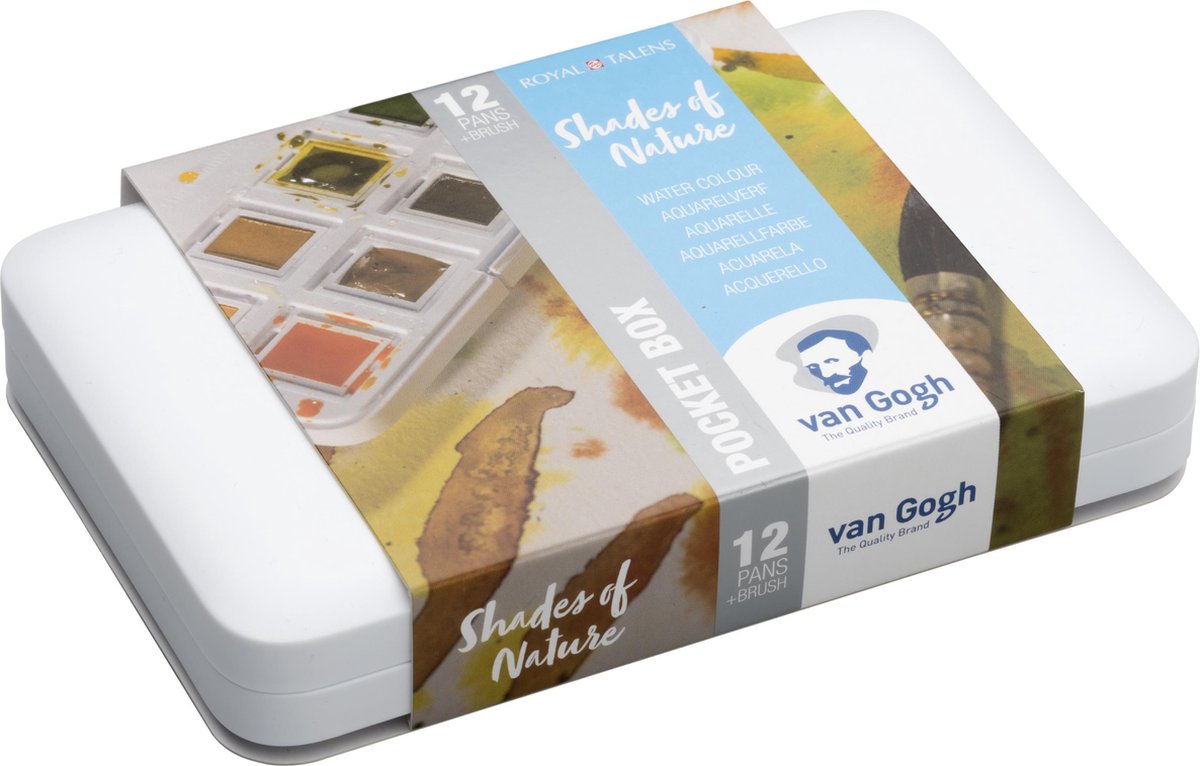 Van Gogh aquarelverf pocketbox 12 napjes met penseel - natuur kleuren - Van Gogh