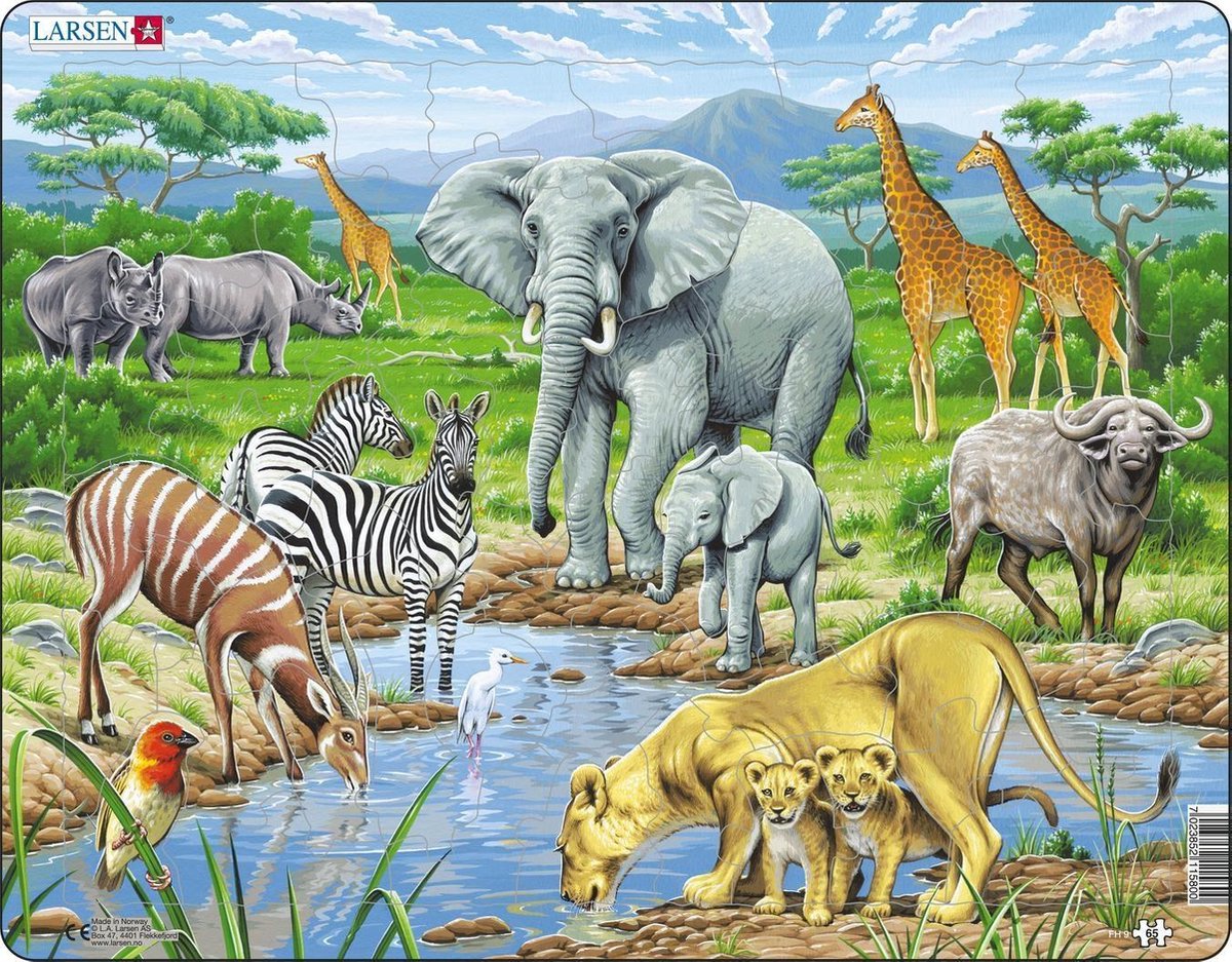 Larsen Afrikaanse savanne – Puzzel – Dieren – Afrika – Educatieve legpuzzel voor kinderen – 65 stukjes – Gemaakt in Noorwegen – Extra dikke 2,5 mm stukjes – Tray met vaste rand