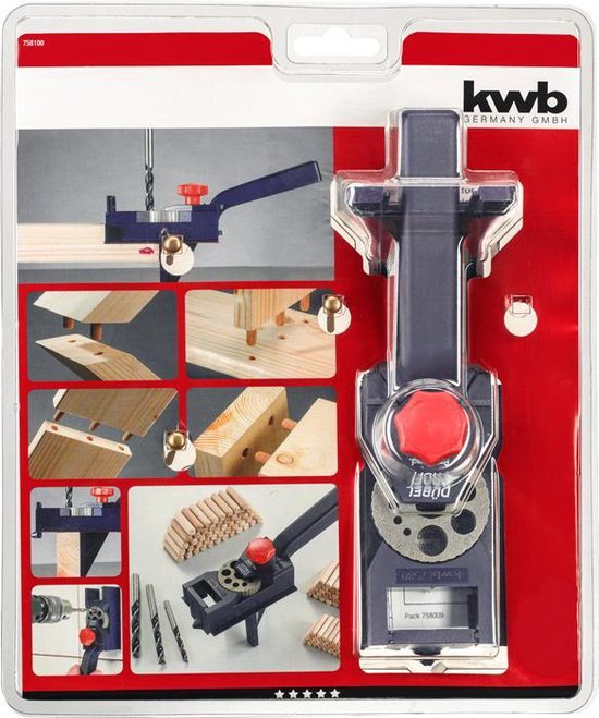 Een KWB deuvelmal set in verpakking met afbeeldingen van gebruik, met de blauwe mal, rode knop en houten deuvels.