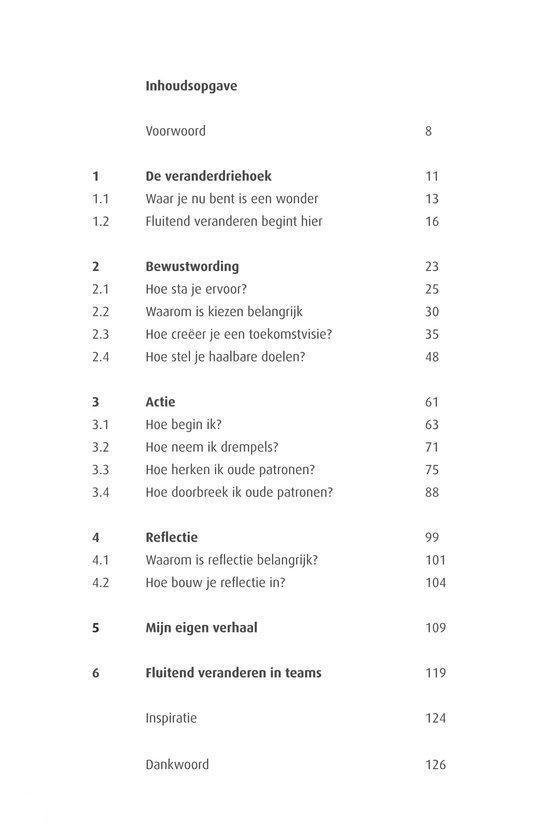 Inhoudsopgave met hoofdstukken over verandering, bewustwording, actie, reflectie en verhalen.