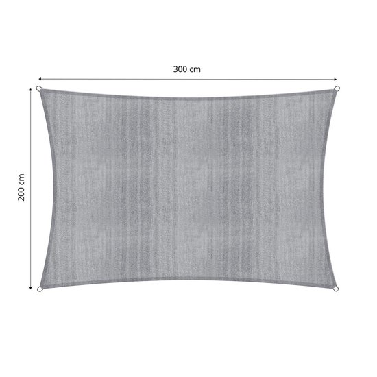 Lichtgrijs, rechthoekig schaduwdoek van 300 cm bij 200 cm, met verstevigde randen en metalen ringen.