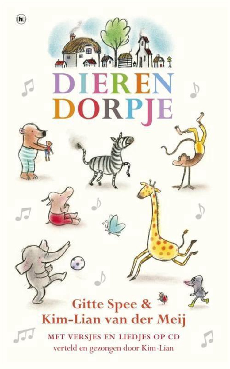 Boekcover 'Dierendorpje' met een beer, zebra, aap, giraf, olifant, varken en tekst.