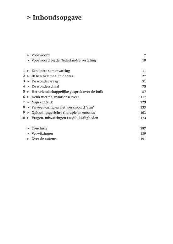 Bladzijde met de inhoudsopgave van het boek 'Oplossingsgerichte therapie in de praktijk'.