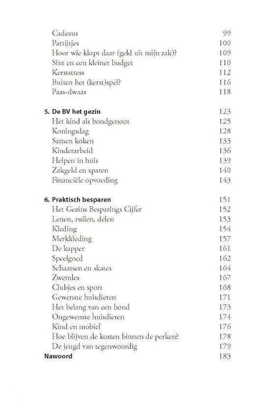 Inhoudsopgave met hoofdstukken over cadeaus, de BV, praktisch besparen en jeugd.