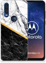 Motorola One Vision TPU Siliconen Hoesje Marble White Black