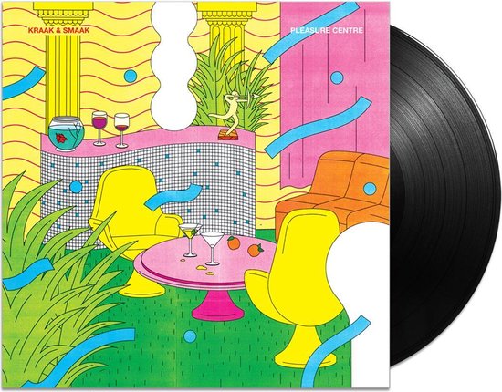 LP hoes met kleurrijke retro-illustratie van een woonkamer, met gele stoelen, oranje bank en roze tafel. Met "KRAAK & SMAAK PLEASURE CENTRE".