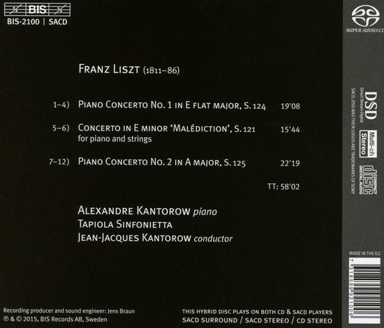 CD hoes met de titel 'Franz Liszt P.I.A.N.O. Concerto no. 1 in E flat Major, S. 124', 'Concerto in E minor "Malédiction", S. 121 for piano and strings' en 'P.I.A.N.O. Concerto No. 2 in A Major, S. 125'.