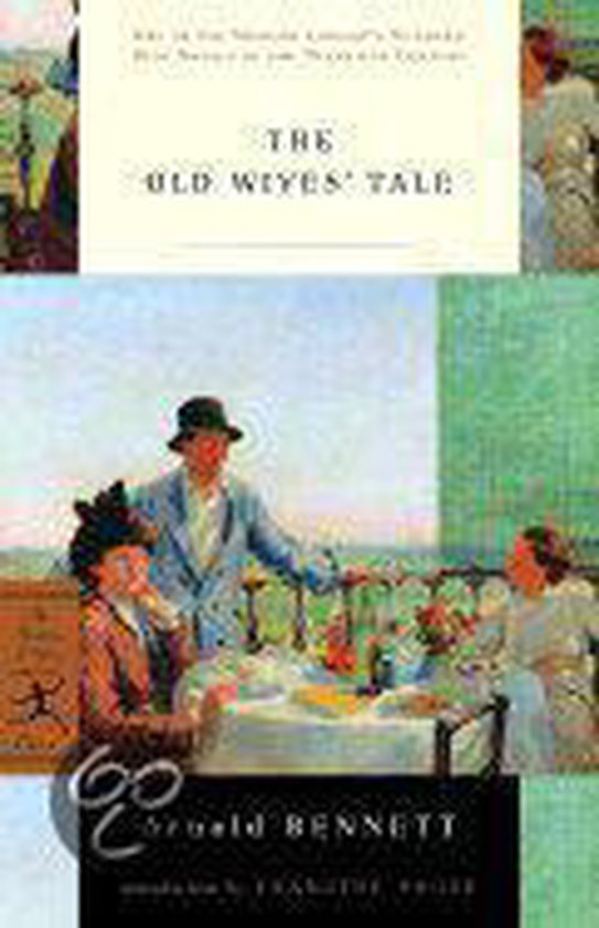 Boekcover met een schilderij van drie personen aan een tafel buiten met een hek en zee op de achtergrond. Titel: THE OLD WIYES' TALE.