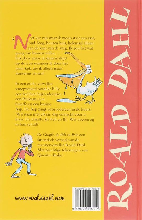 Achterkant van een boek met illustraties van een pelikaan en een jongen. Tekst 'De Giraffe, de Peli en Ik' en 'Roald Dahl'.