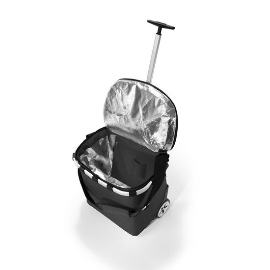 Zwarte boodschappentrolley met aluminium binnenvoering, uittrekbare handgreep en wielen.