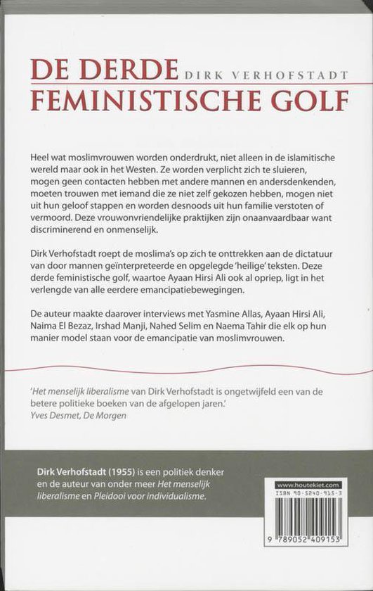 Achterkant boek met titel 'De derde feministische golf', tekst en ISBN.