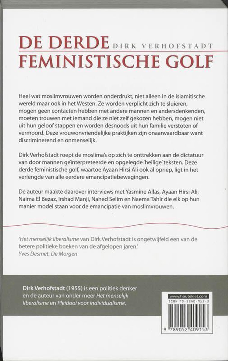 Achterkant boek met titel 'De derde feministische golf', tekst en ISBN.