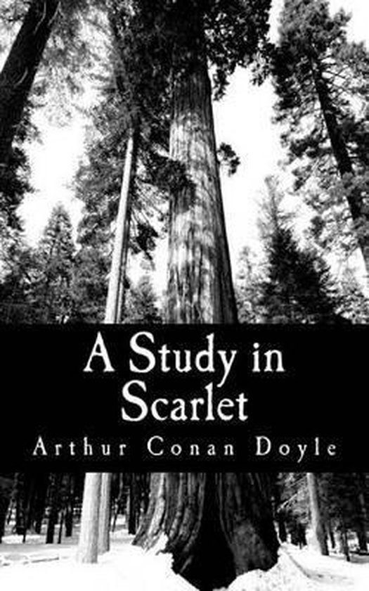Couverture du livre 'A Study in Scarlet' par Arthur Conan Doyle, avec un grand arbre dans une forêt enneigée.