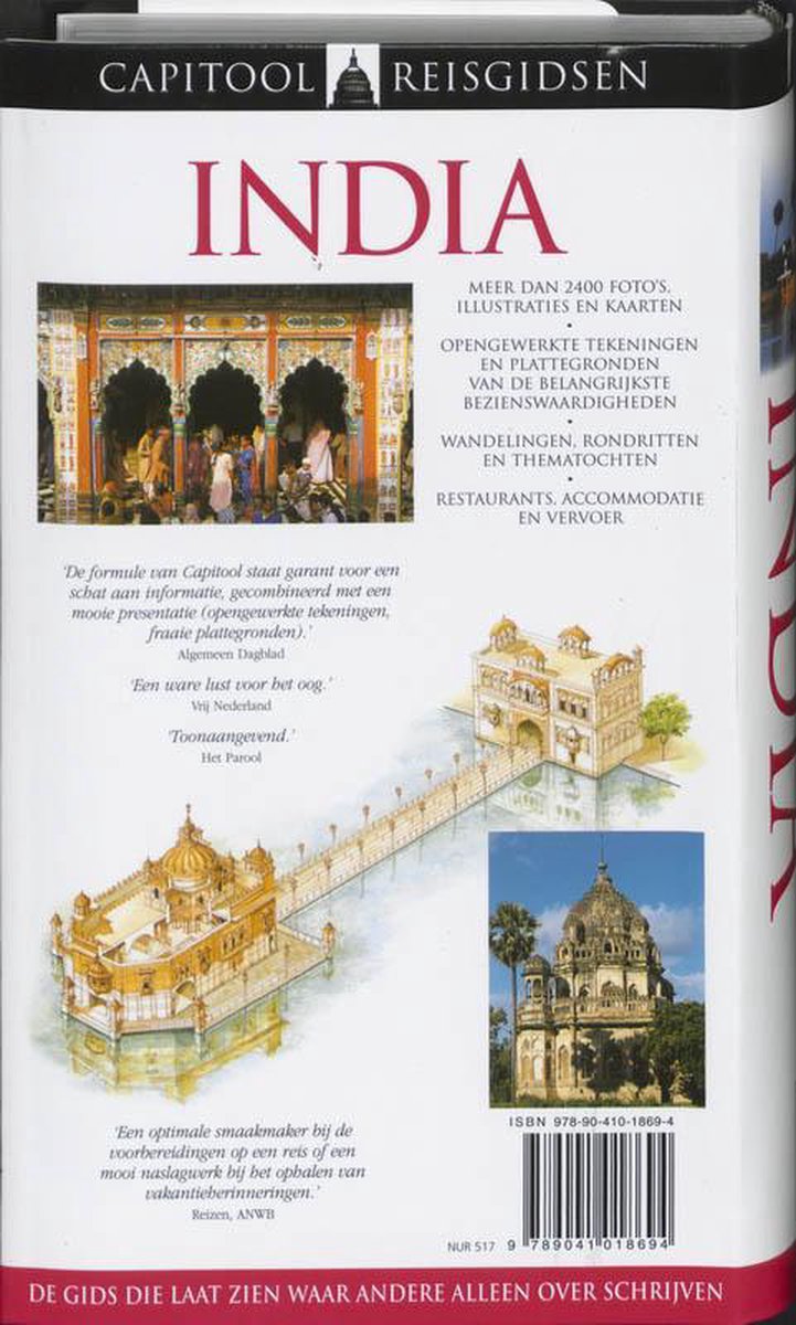 Boekcover van 'India' met foto's van architectuur, een tempel, en tekst. 'India', 'Capitoool Reisgidsen'.