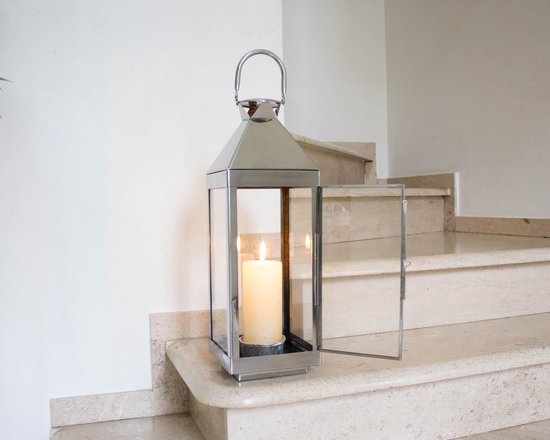 Lantaarn voor kaars - windlicht - roestvrij staal en glas - indoor/outdoor  - 70cm | bol.com
