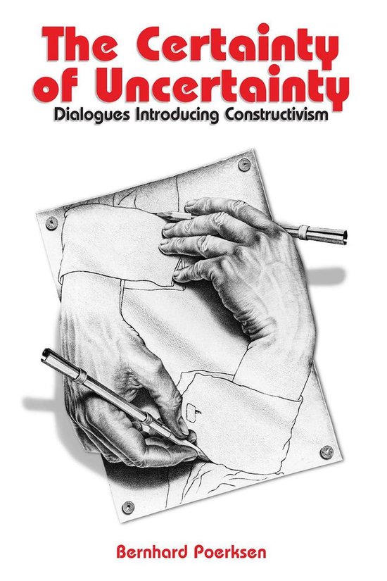 Boek "The Certainty of Uncertainty" met illustratie van twee handen die met potloden op papier tekenen. De titel is in rode letters.