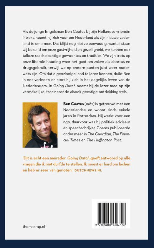 Achterkant boek 'Going Dutch' met tekst, foto van Ben Coates en barcode.