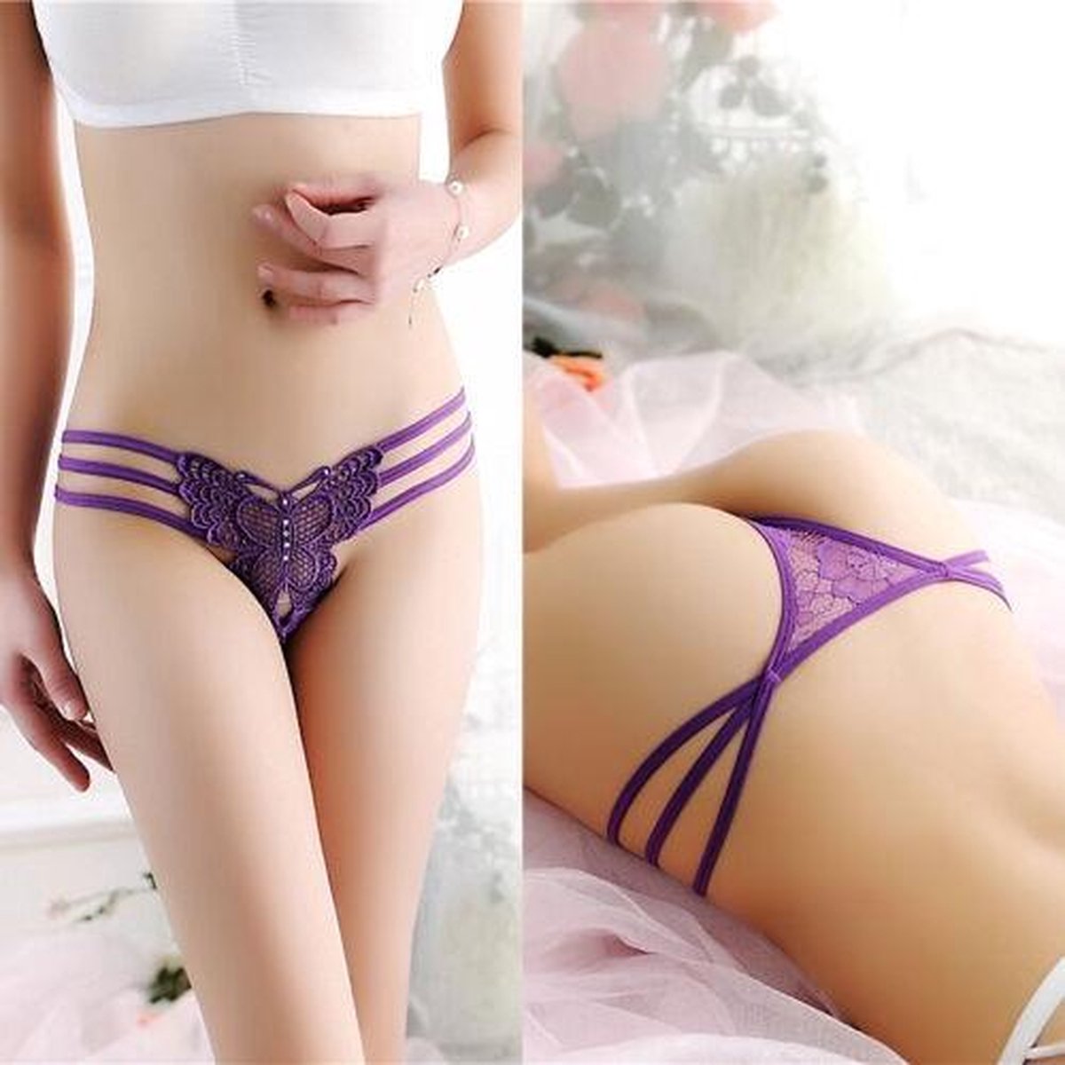 Dames G-String Vlinder Lingerie – Sexy String Slipje Paars – Transparant – Perfect voor Romantische Avonden