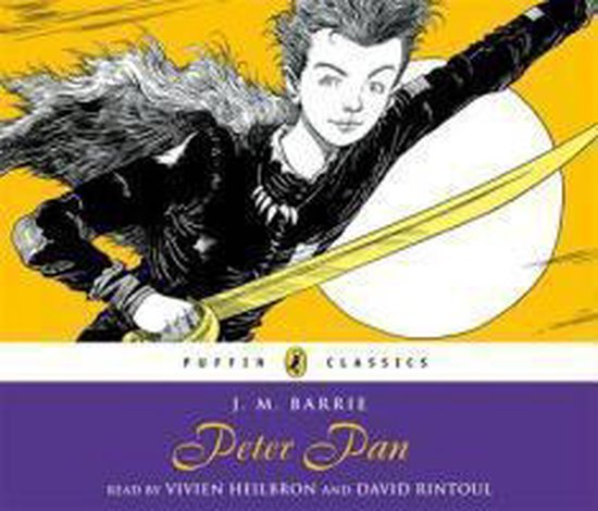 Cover van Peter Pan, met een jongen met een zwaard, zittend op de maan.