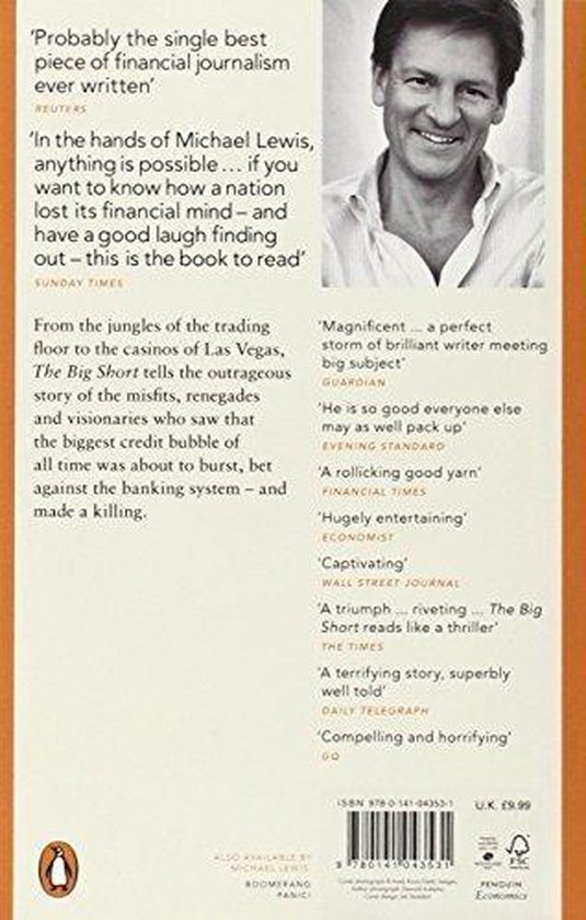 Boek met citaten en een foto van Michael Lewis. Titel: The Big Short.