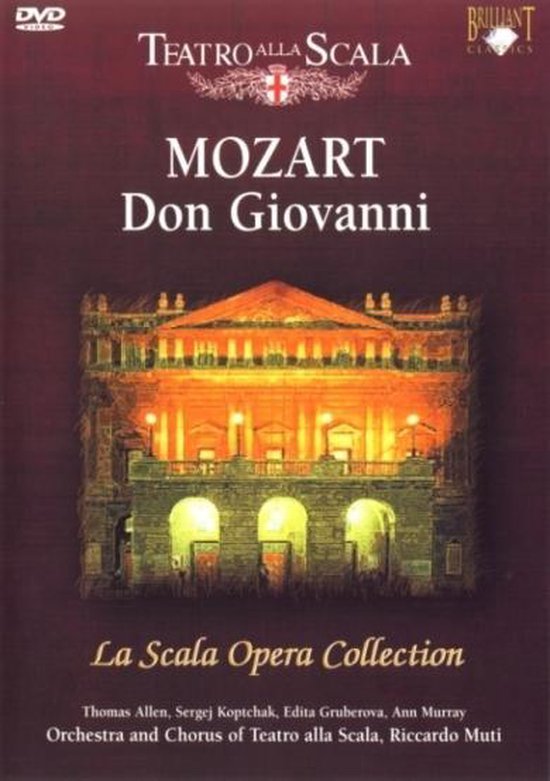 DVD van Mozart's Don Giovanni, La Scala Opera Collection. Met Thomas Allen en Edita Gruberova. Met Theater La Scala in het donker.