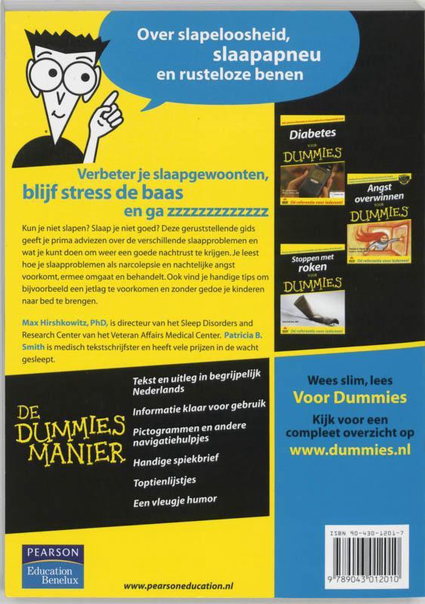 Boek met gele en zwarte achtergrond. Titel: 'Over slapeloosheid, slaapapneu en rusteloze benen'. Illustratie van een cartoonman die met zijn vinger wijst.