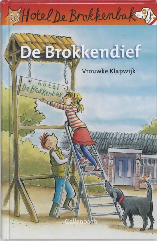 Voorpagina van kinderboek 'De Brokkendief' (Dierenhotel de Brokkenbak 1). Illustratie van een meisje, jongen, hond en uithangbord.