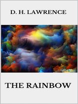 Boekomslag van 'The Rainbow' door D. H. Lawrence met een abstracte, kleurrijke werveling van wolken in rood, geel, blauw en groen.