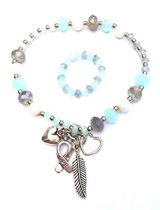 Jewellicious Designs Sweet Shiny Aqua, Grey & White armband en ring voor Pink Ribbon - turquoise grijs & wit - 18 cm