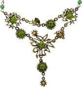 Ketting antiek-goud-kleur met bloem hanger en groene stenen