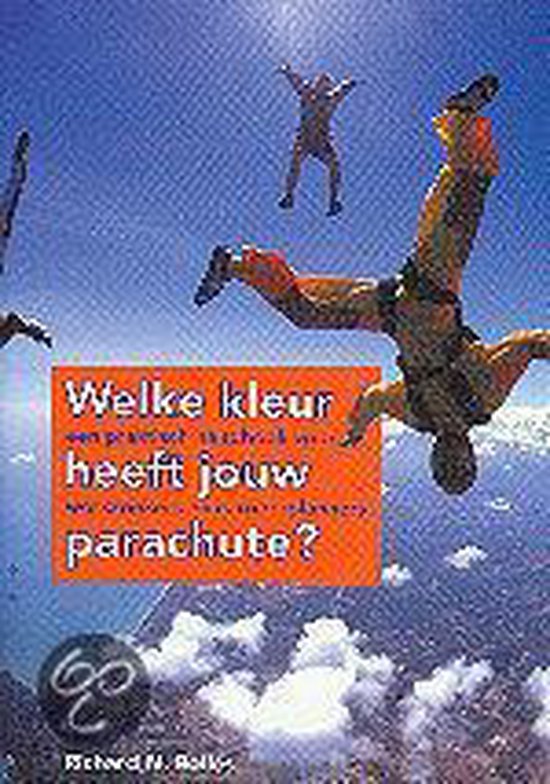 Boekomslag van 'Welke kleur heeft jouw parachute' met vier parachutisten in de lucht.