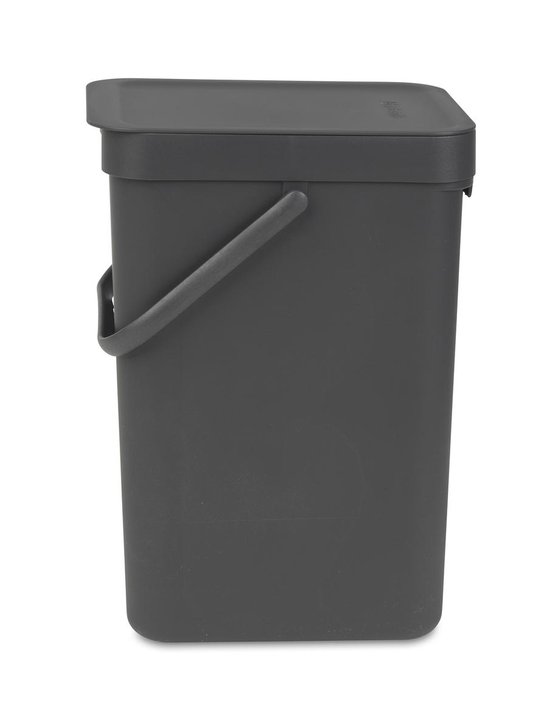 Poubelle Brabantia gris foncé avec couvercle fermé et anse, debout sur fond blanc.