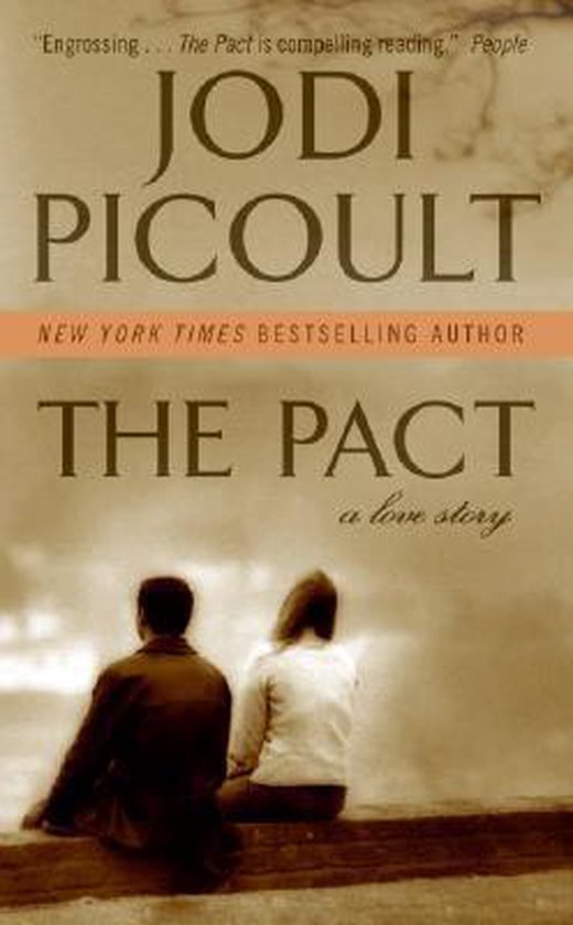 Boekcover van 'The Pact' van Jodi Picoult. Twee silhouetten van een stel zitten op een rand, met de titel en auteursnaam prominent aanwezig.