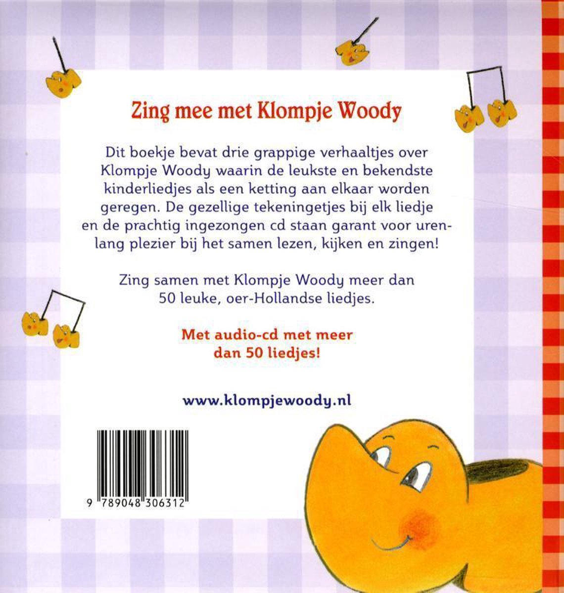 De achterkant van een boek met de titel 'Zing mee met Klompje Woody' en een streepjescode.