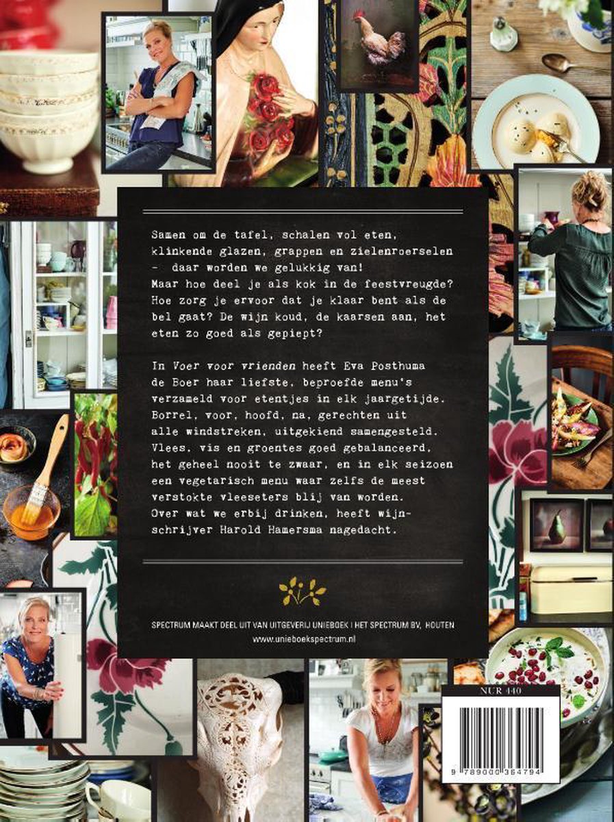 Boekomslag met collage van gerechten, ingrediënten en foto's van Eva Posthuma de Boer, tekst met boekbeschrijving.