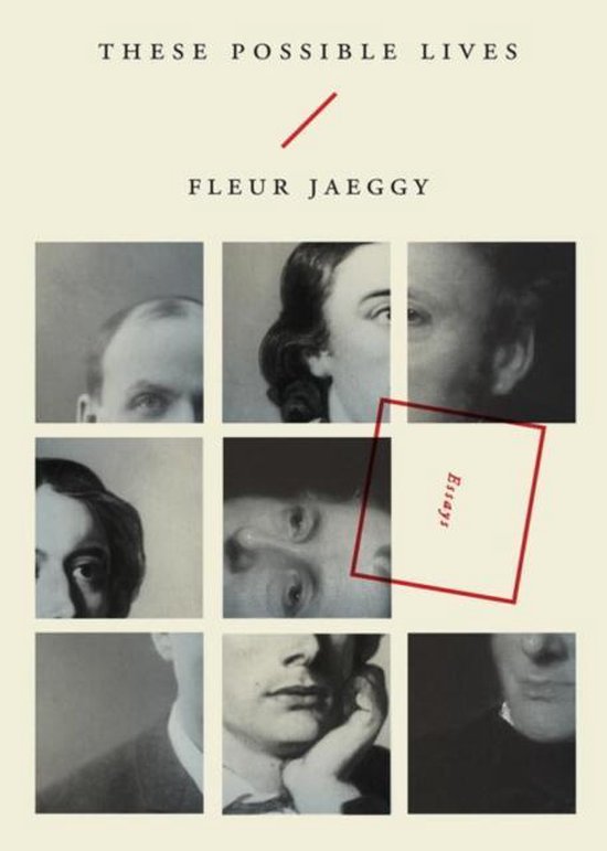 Boekhoes met negen zwart-witfoto's van gezichten, 'These Possible Lives Fleur Jaeggy' en 'Essays'.