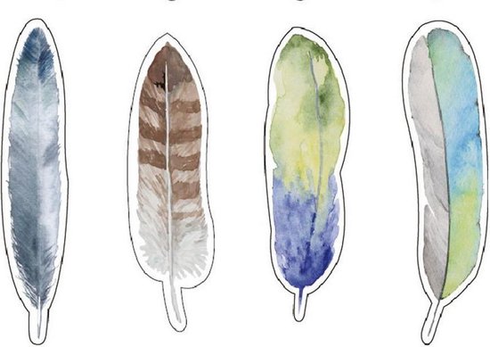 Vier aquarelboekenleggers in de vorm van veren: grijs, bruin, blauw-groen, blauw-groen.