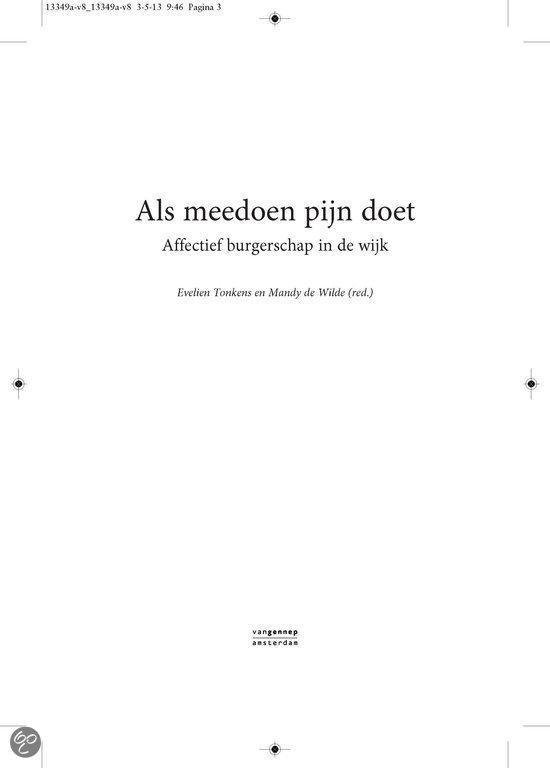 Titelpagina van "Als meedoen pijn doet" met ondertitel "Affectief burgerschap in de wijk", door Evelien Tonkens en Mandy de Wilde.