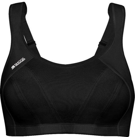 Zwarte Shock Absorber sportbeha met logo en gestreepte panelen op de cups.