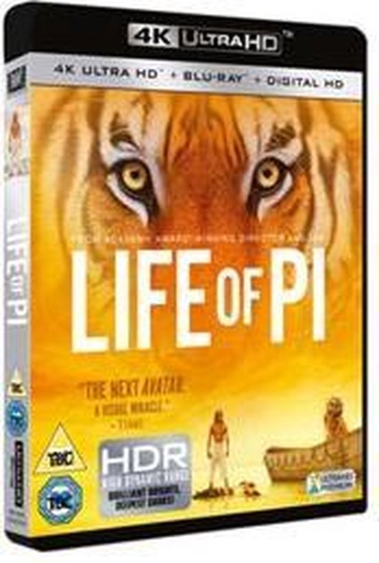 De voorkant van de "Life of Pi" 4K Ultra HD + Blu-ray + Digital HD cover, met een tijger en een man in een boot.