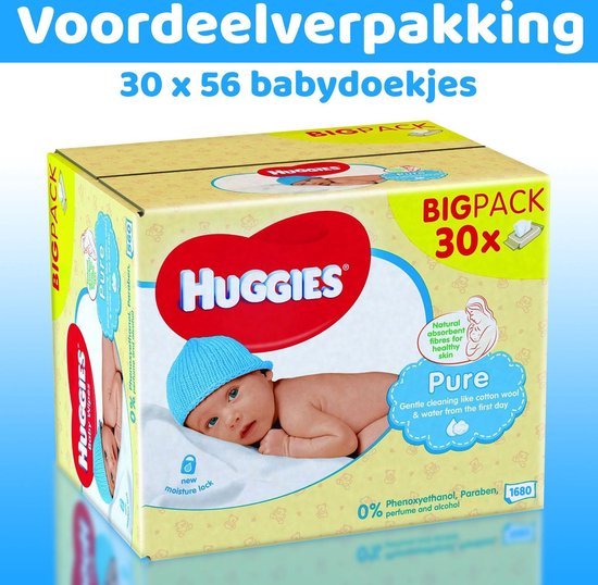 Huggies Pure Babydoekjes - 30 x 56 babydoekjes - XXL voordeelverpakking - Parfumvrij & dermatologisch getest - 30 x 56 - 1680 billendoekjes