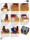 Stapsgewijze instructies voor het maken van een schatkist van karton, met een meisje die de kist versiert met blauw en geel papier.