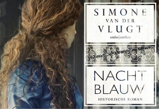 Boekomslag van 'Nachtblauw' door Simone van der Vlugt met op de achtergrond een deel van een vrouw met krullend bruin haar.